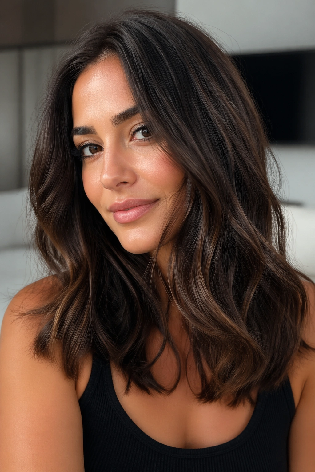 Close-up of a real woman with sleek brunette hair and hidden layers