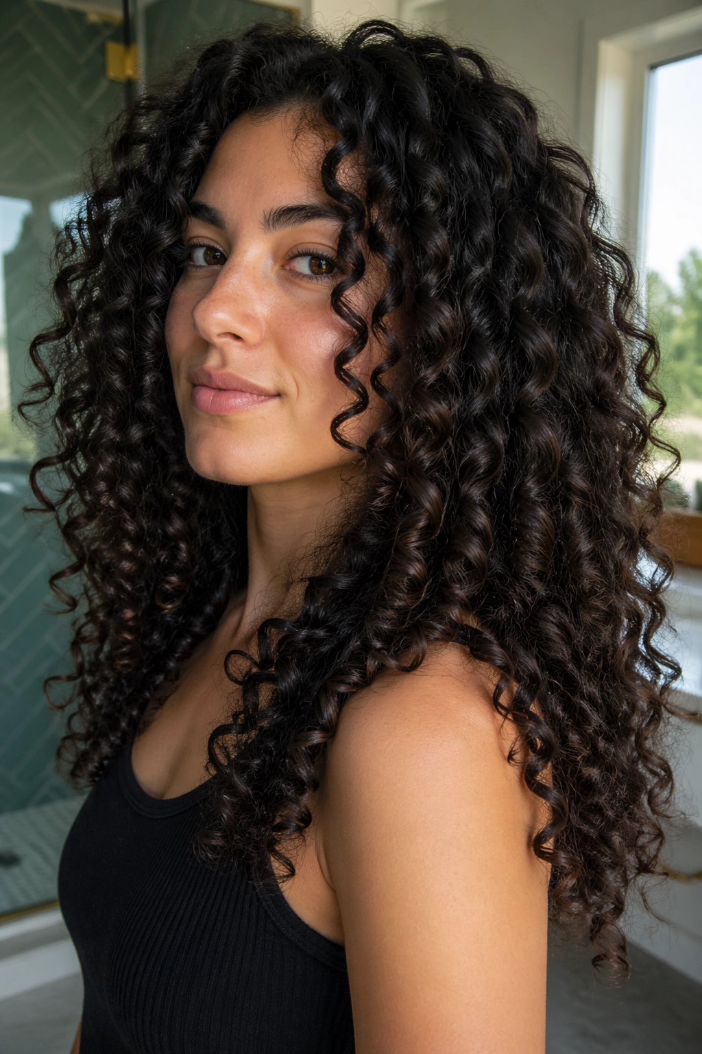 Portrait of a real woman with invisible layers in heavy curls, outer edge smooth