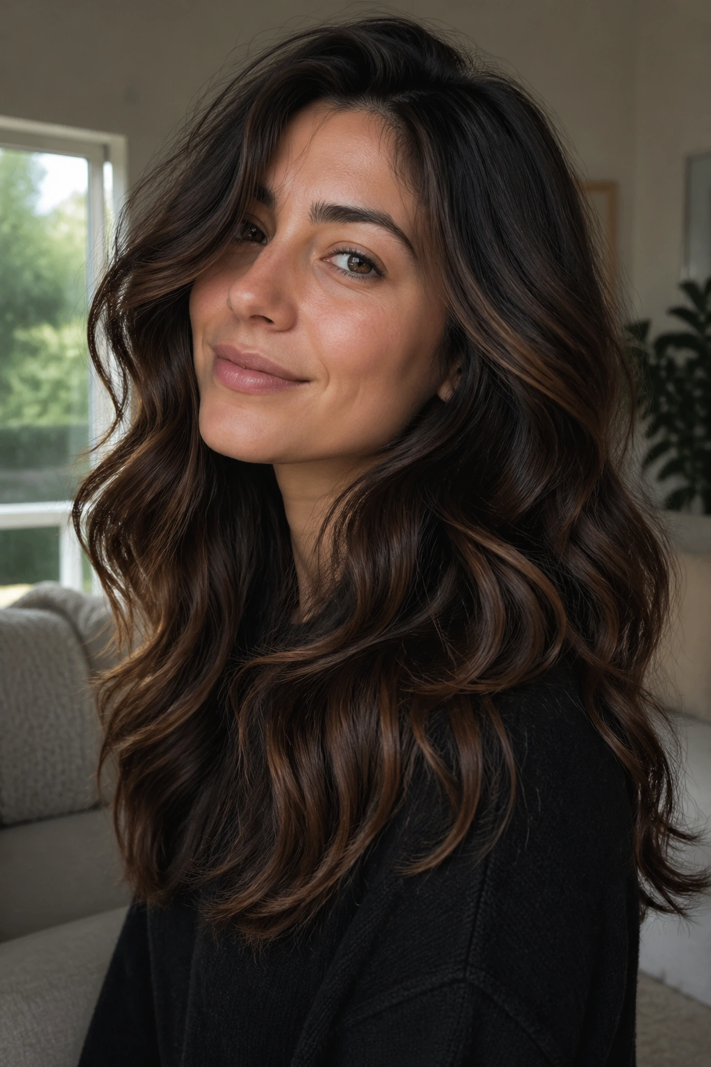 Close-up of a real woman with invisible layers in thick wavy hair under soft daylight