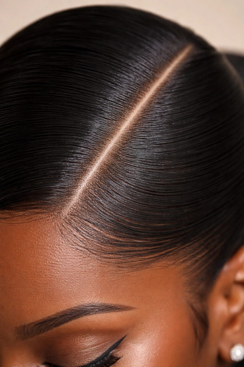 Close-up of a precise hair part with root concealer defining the line