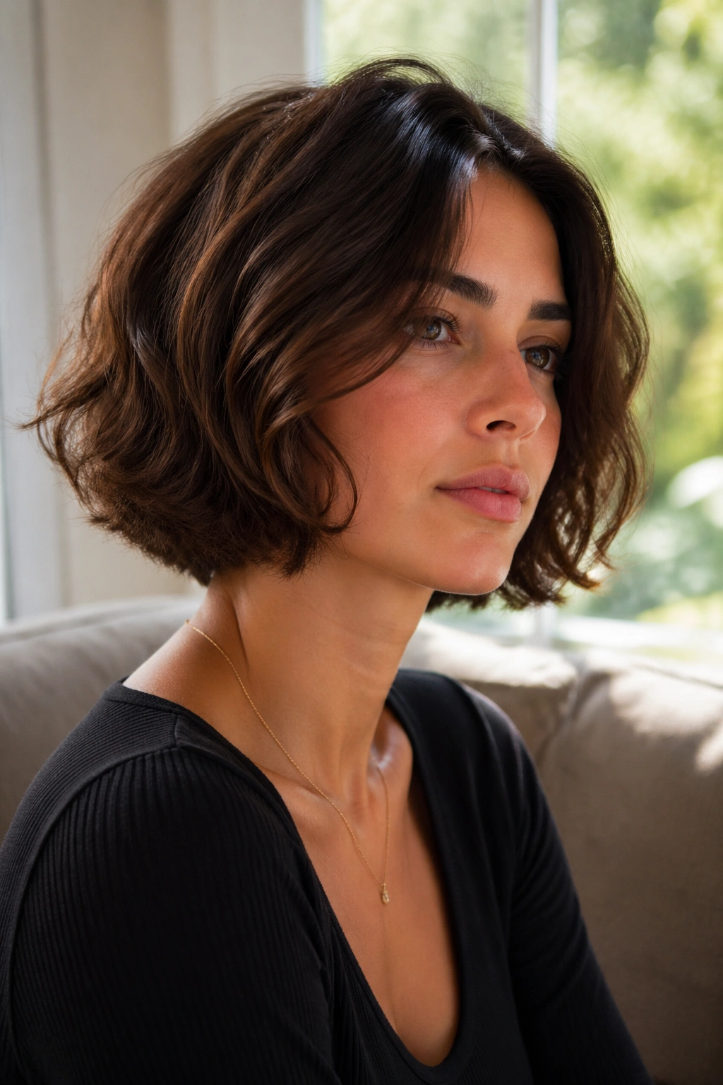Close-up of a real woman with a chic chin-length Italian bob in daylight.
