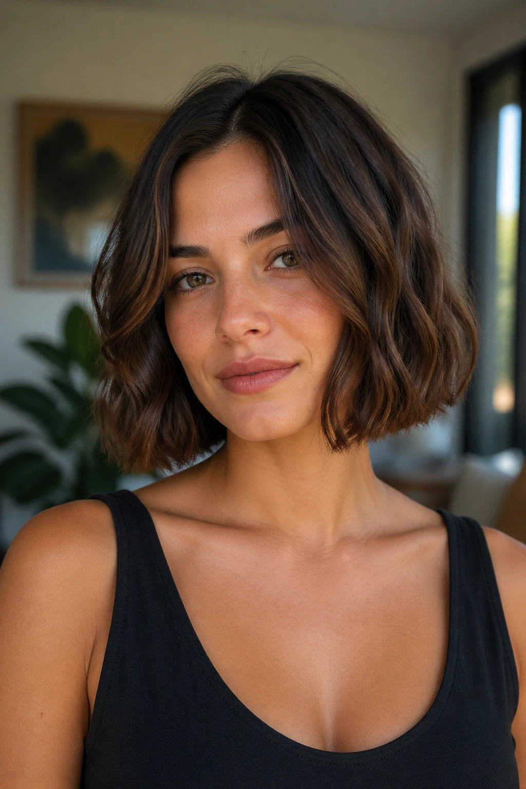 Real woman with Italian bob one-length ends in natural light