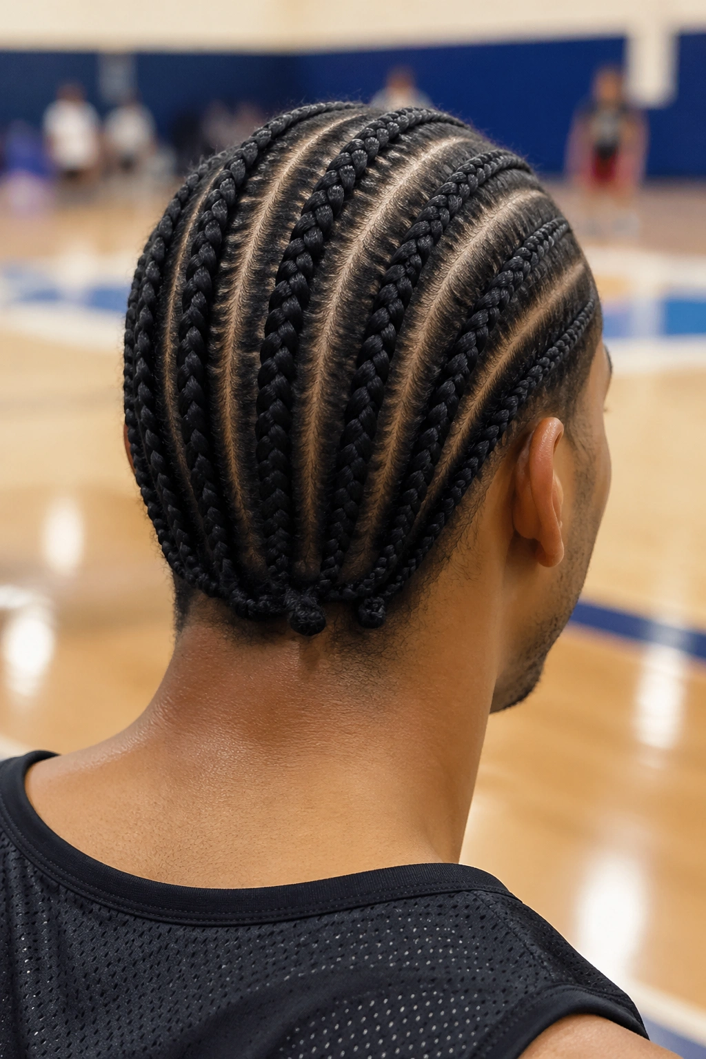 Rear view of a person with six to eight tight Iverson-style straight-back cornrows