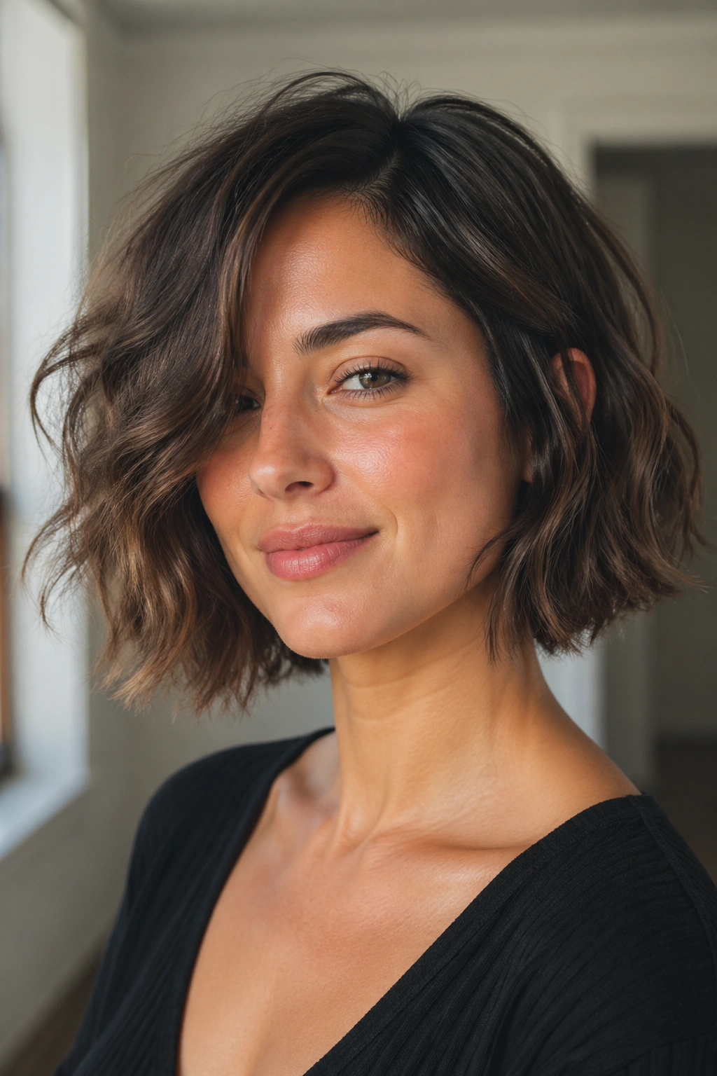 Close-up of real woman with jaw-grazing side-part bob and soft wave.