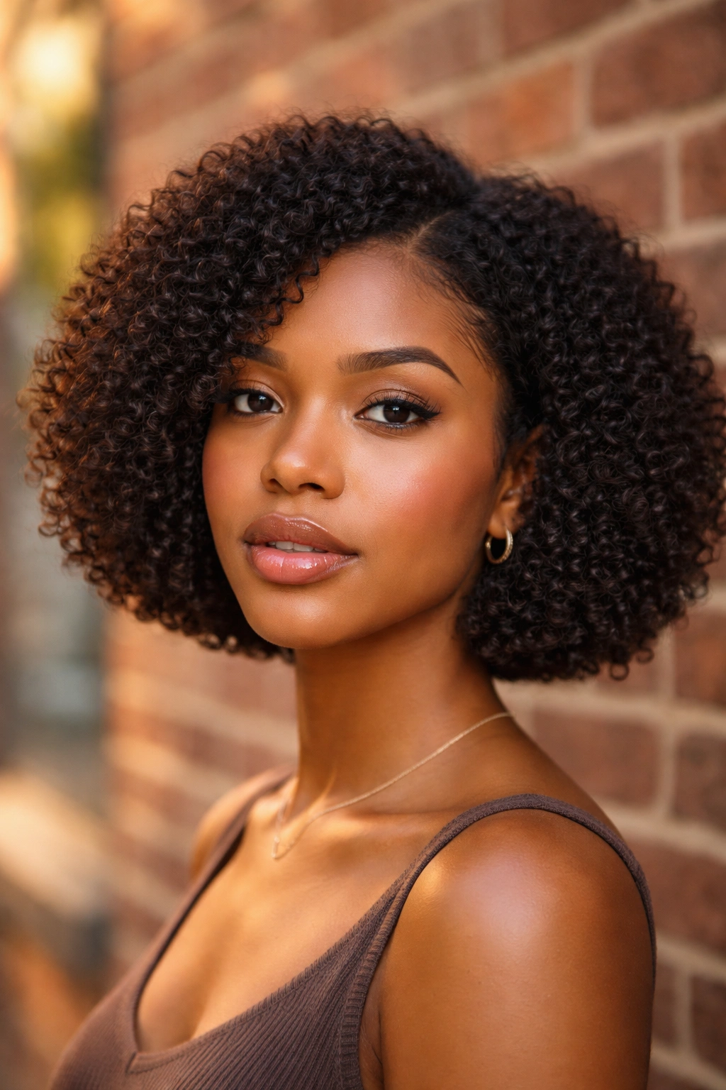 Close-up of a real woman with jaw-length Afro Bob on coils