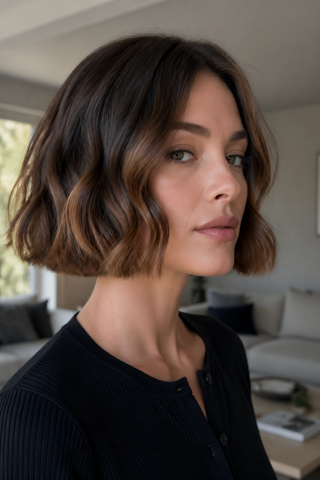 Portrait of woman with jaw-length blunt bob and soft waves in natural light