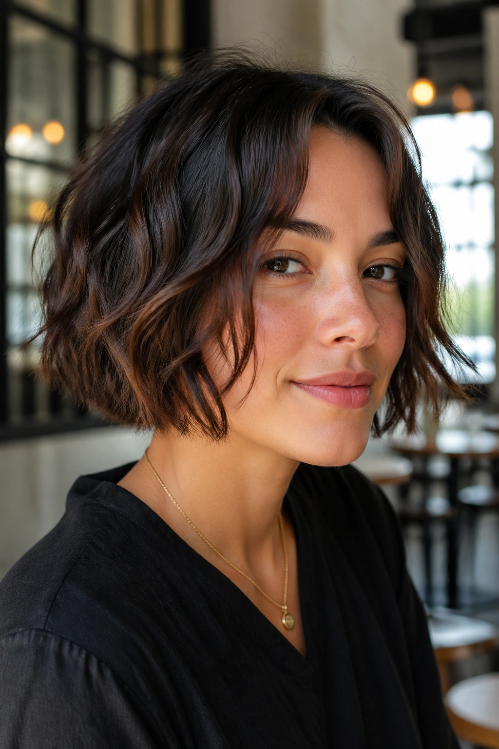 Close-up of real woman with jaw-length bob and piecey texture in natural light
