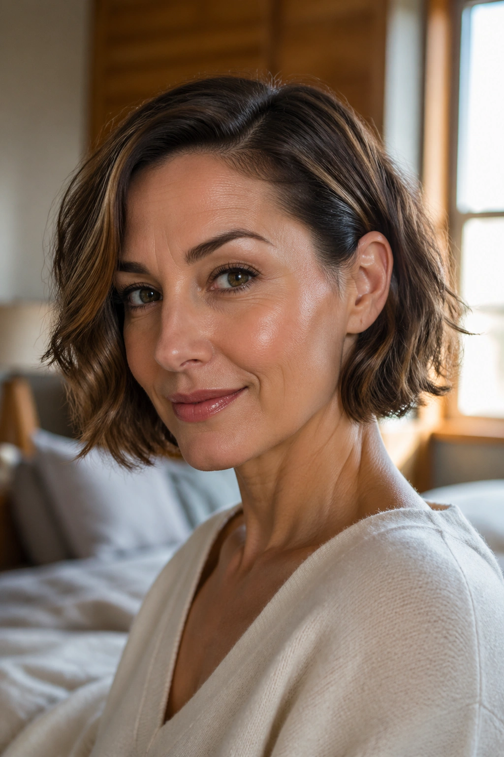 Close-up portrait of a real woman with a jaw-length bob tucked behind the ear in warm bedroom light.
