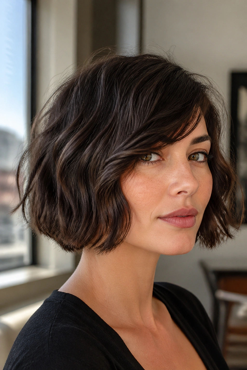 Real woman with jaw-length bob and side-swept fringe in natural window light.