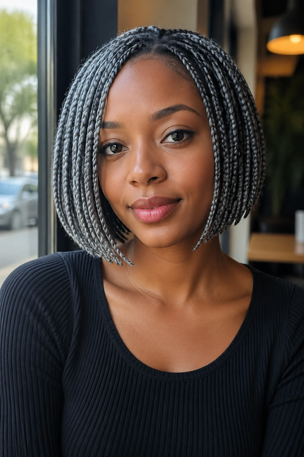 Close-up of jaw-length grey box braids bob on a real woman