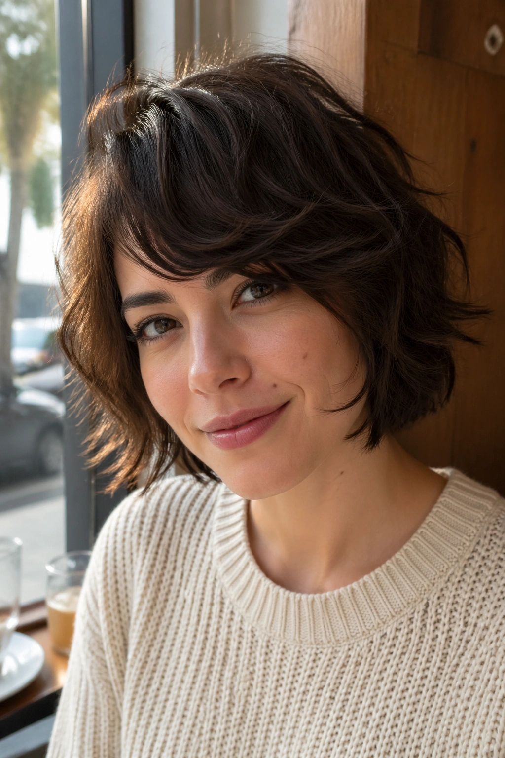 Close-up of a real woman with jaw-length razor shag and side-swept fringe
