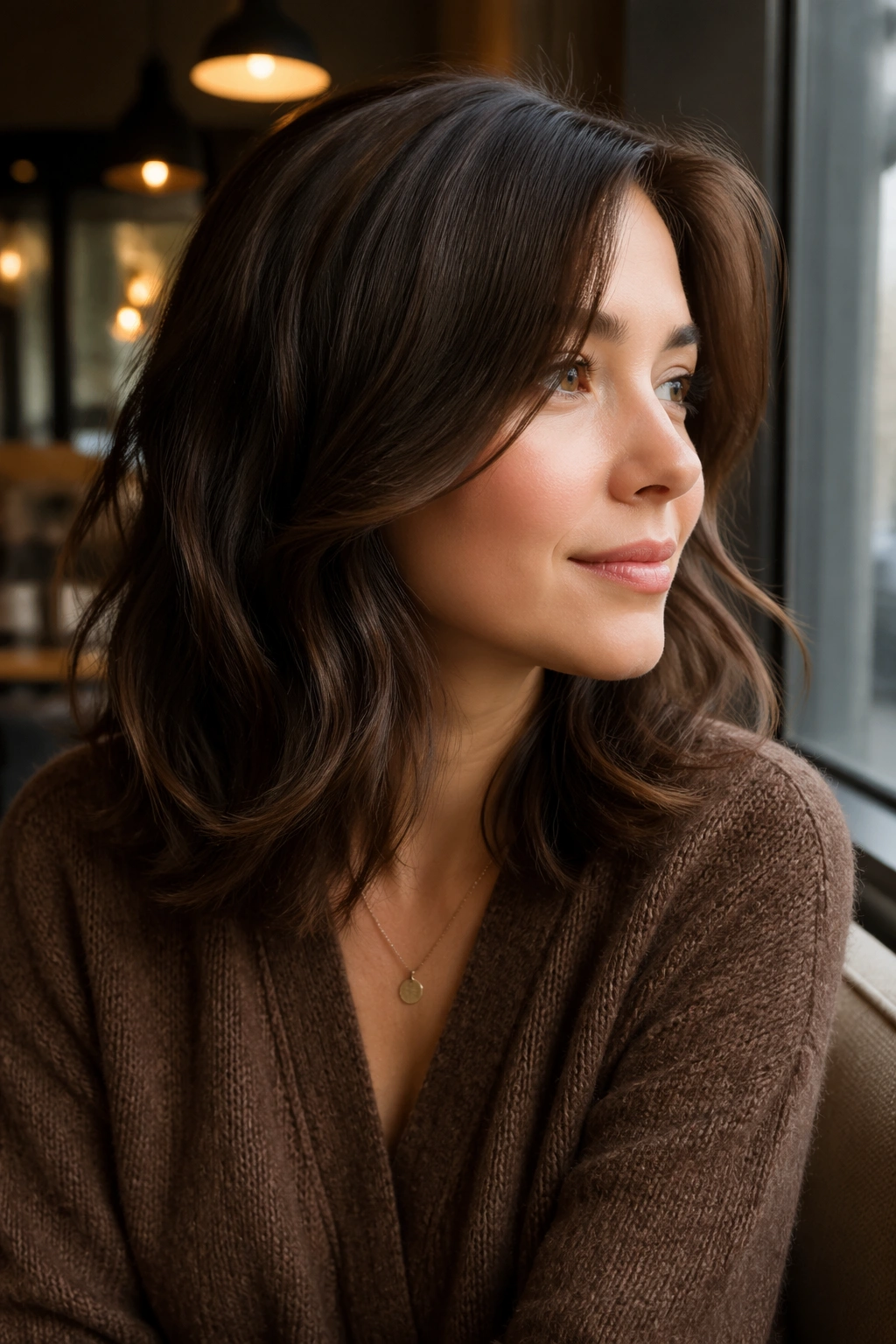 Close-up of real woman with curved jaw-skimming layers in brunette hair