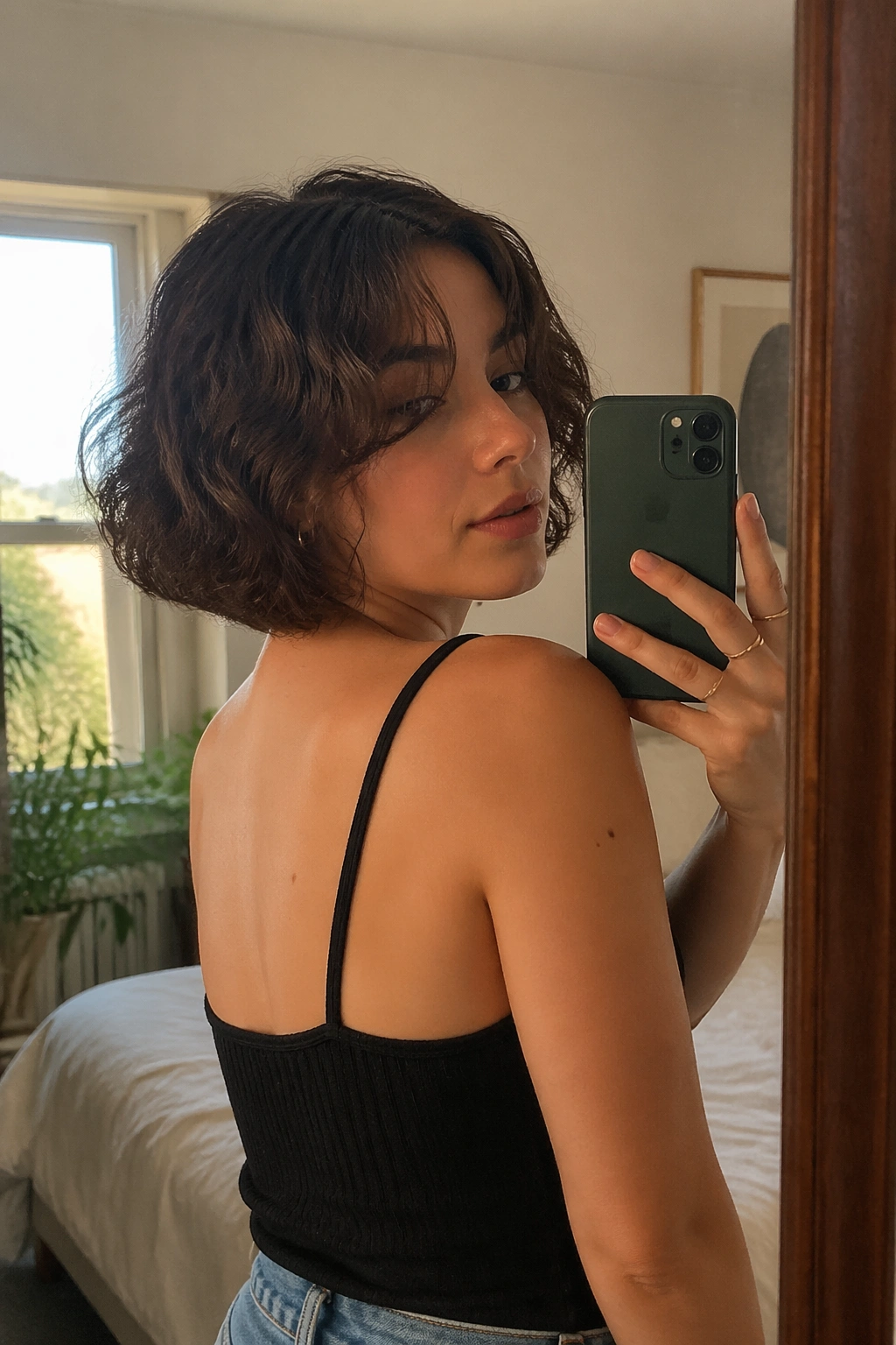 Jaw-grazing cut with curtain bangs in mirror selfie
