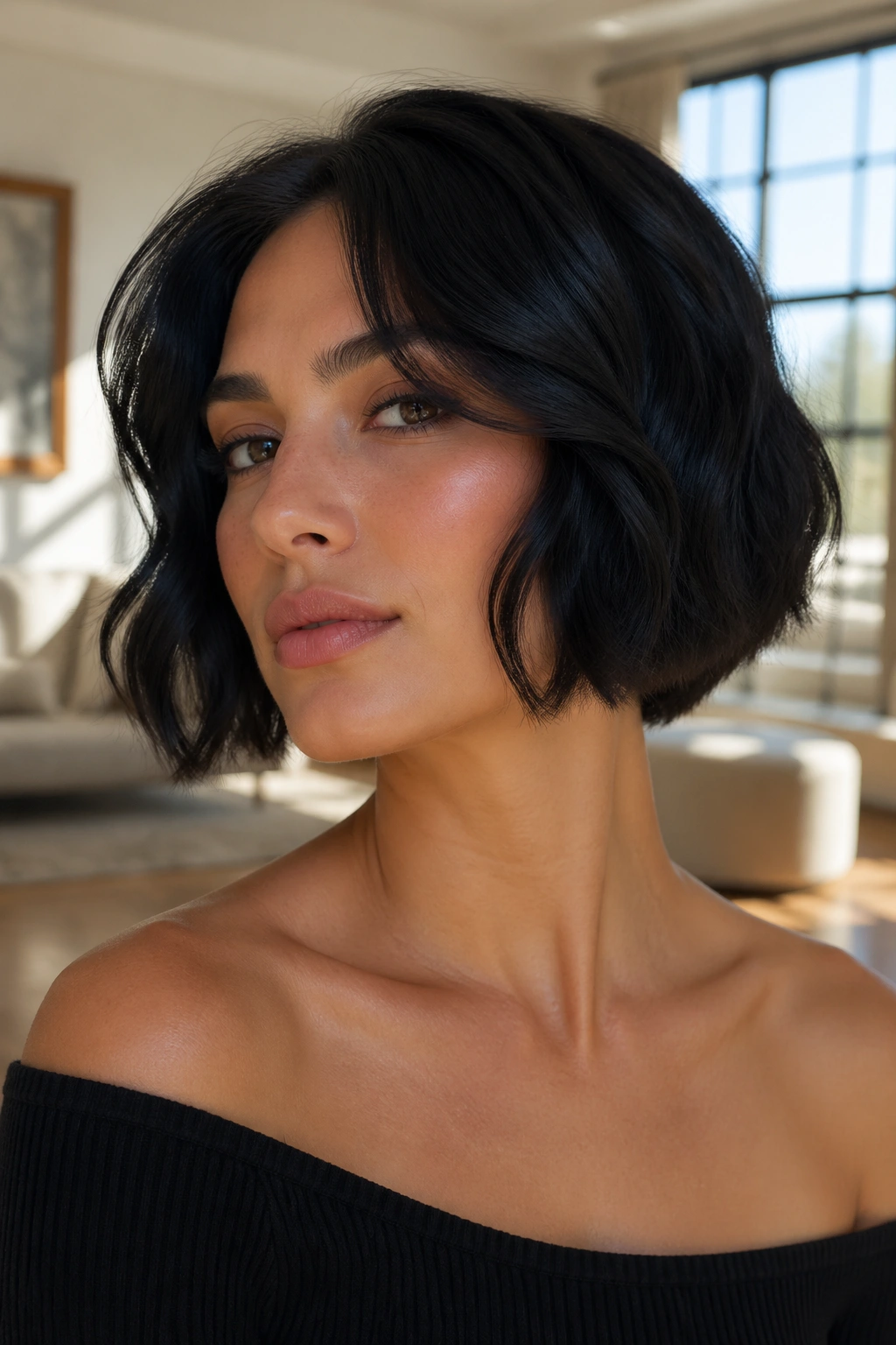 Real person with jawline-grazing bob framed around jaw and cheekbones in bright room.