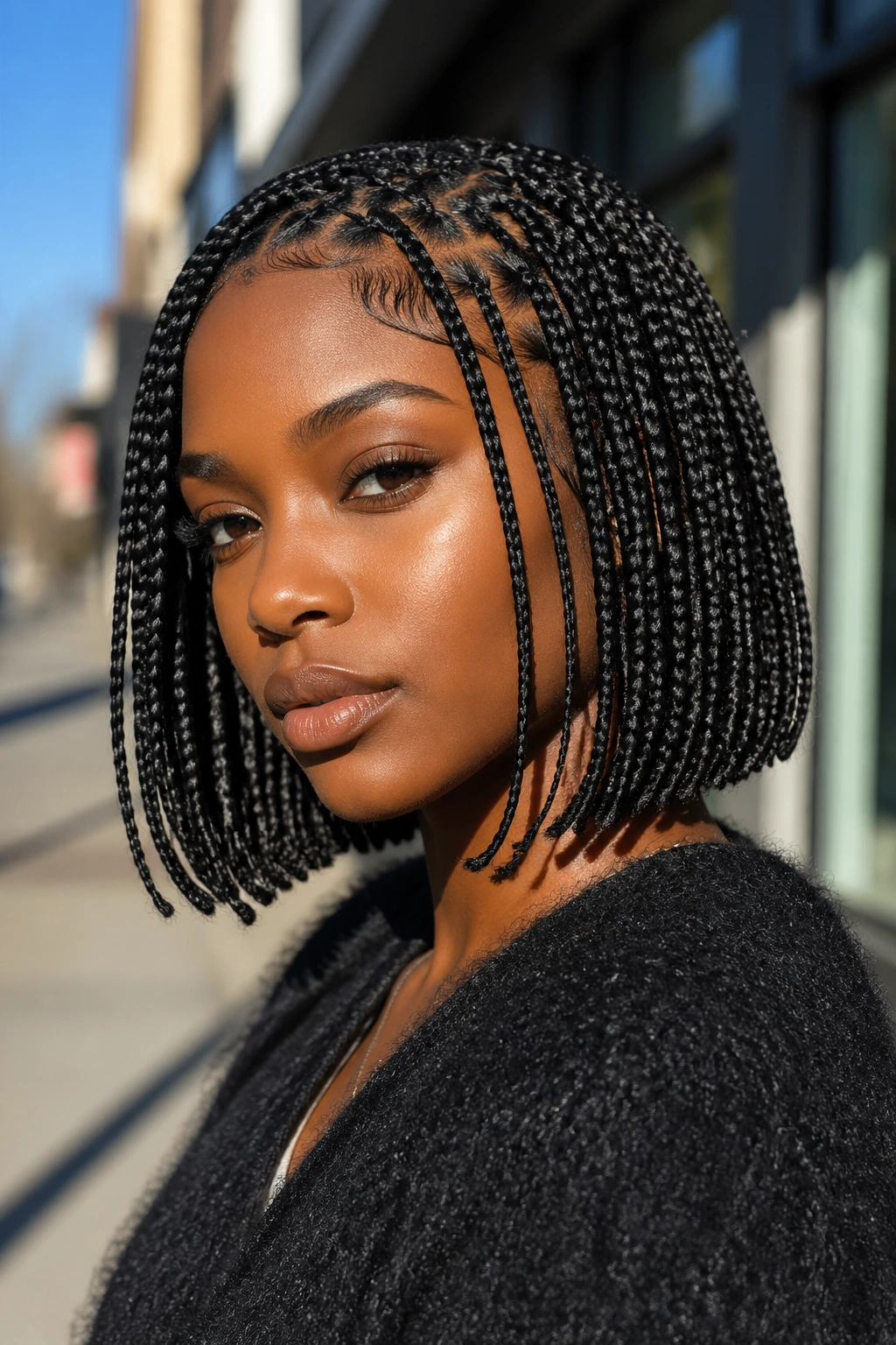 Close-up of a real woman with jawline-length Fulani box braid bob.