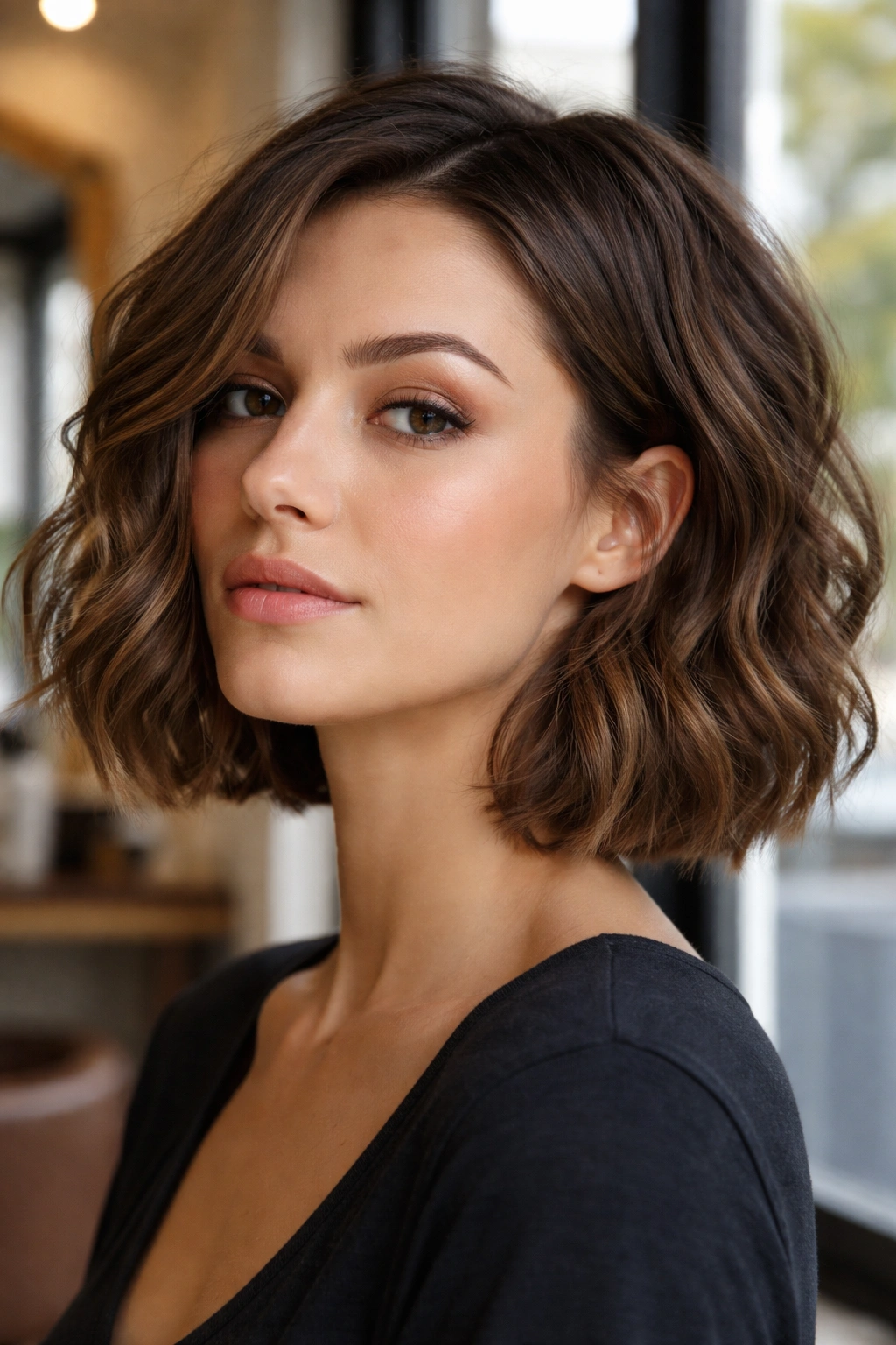 Close-up portrait of a real woman with a jawline-skimming wavy lob and blunt ends