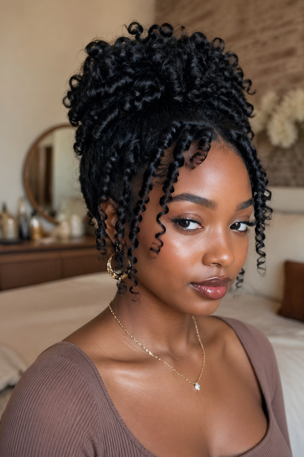 Close-to-medium portrait of Jerry Curl updo on short natural hair