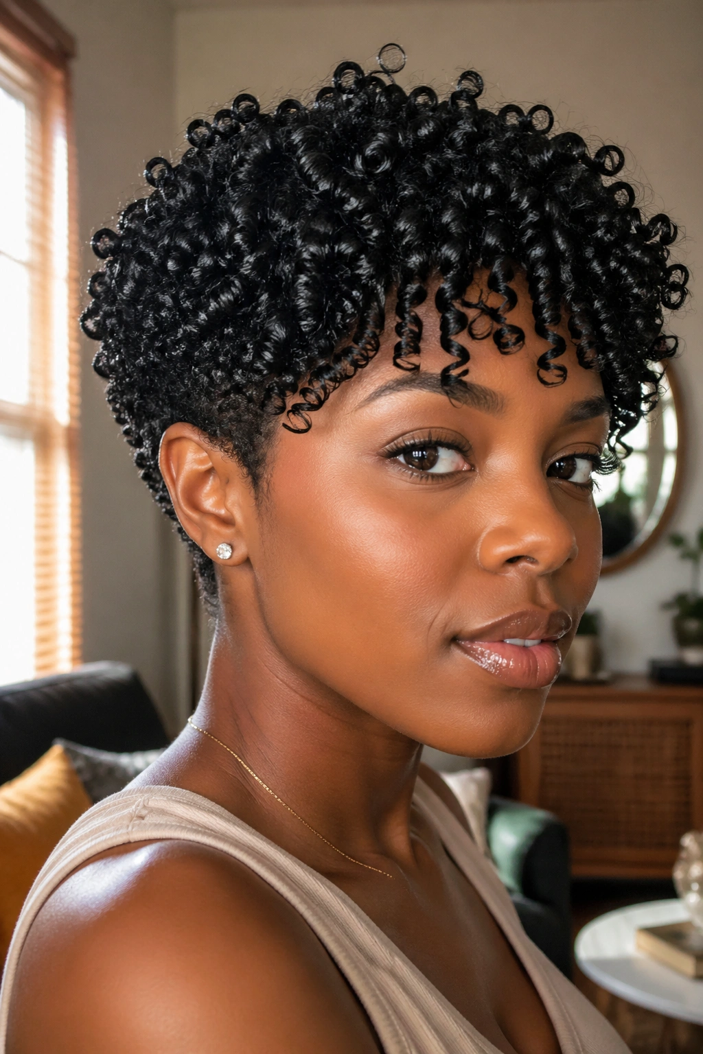 Close-up portrait of a real person with glossy Jerry curls on short natural hair
