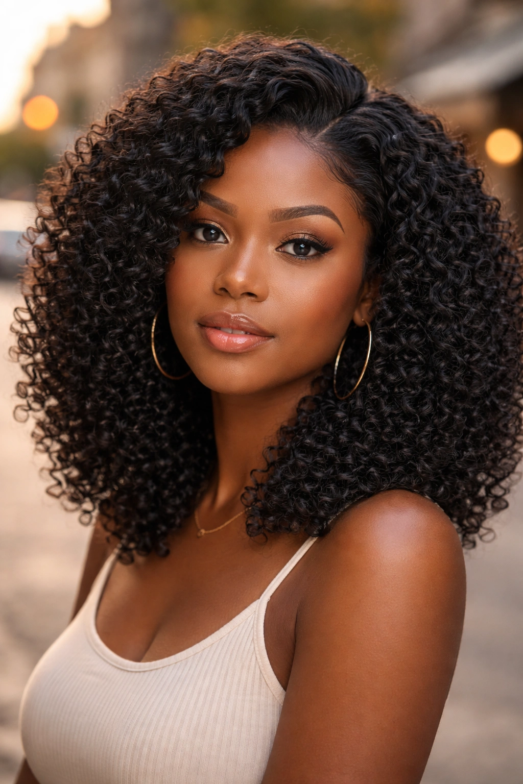 Close-up of a real person wearing a jet-black 4A curl-pattern wig with natural sheen