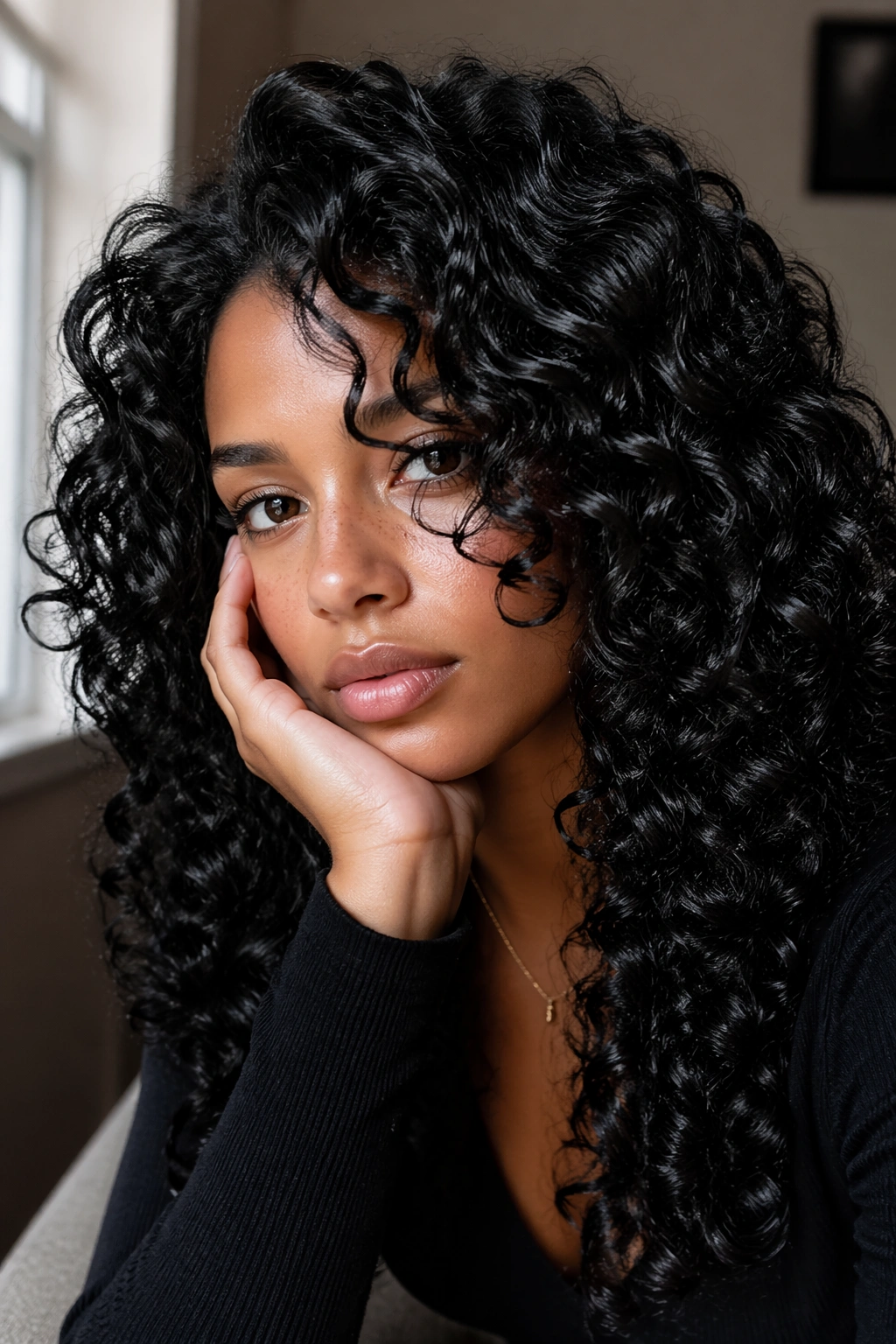 Close-up of jet black glossy curls on a real person