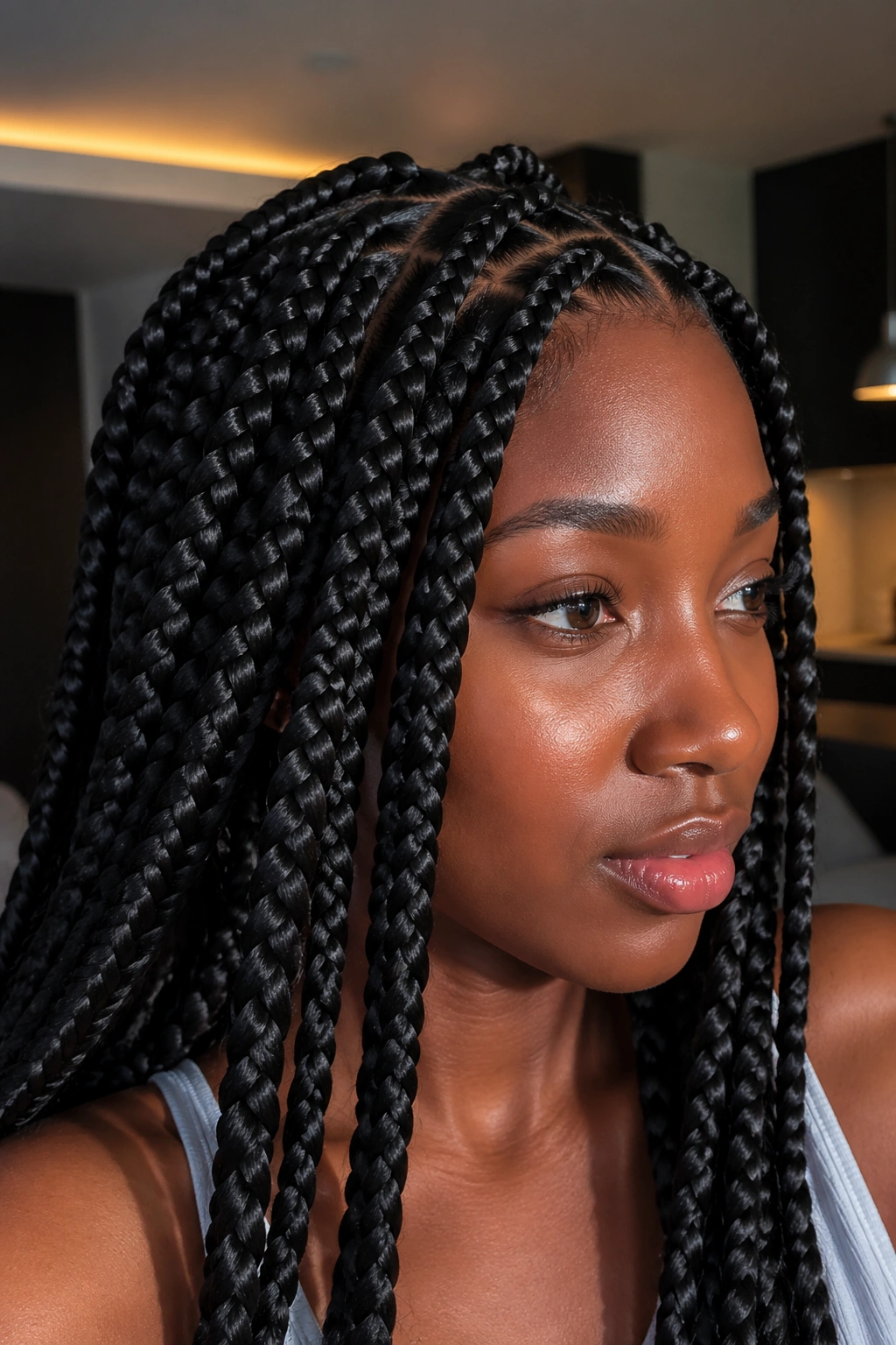 Jet black jumbo box braids with glossy finish on a real person