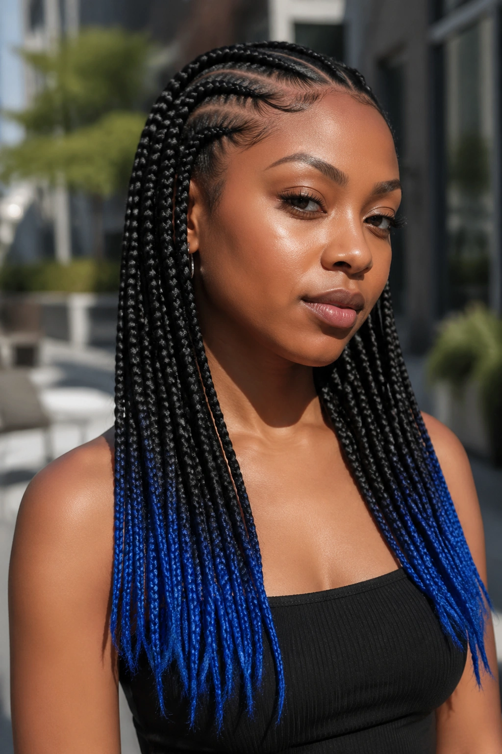 Close-up of a real person’s jet black cornrows with electric blue tips.