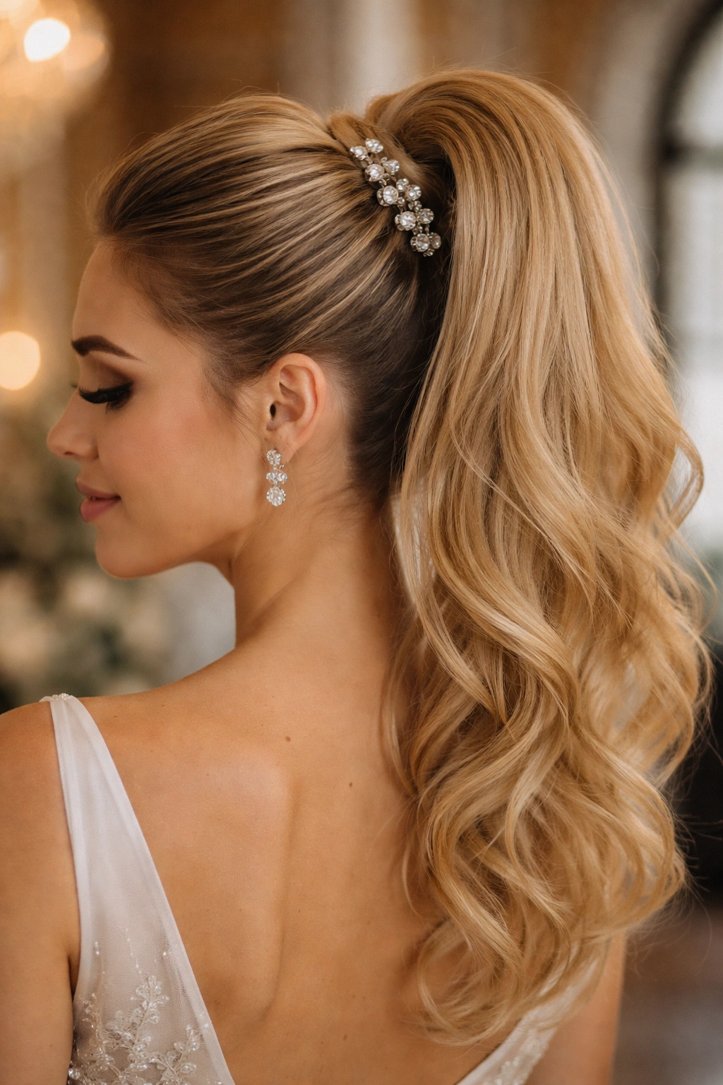 Bride with jewel-pinned high ponytail showing crystal pins along the wrap.