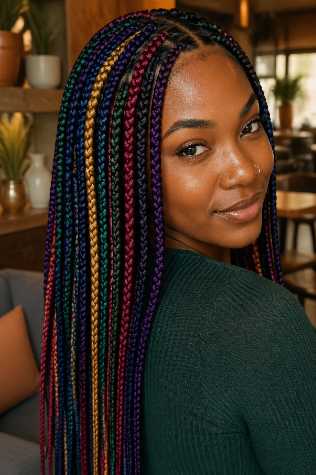 Close-up of a real person with jewel-tone rainbow box braids in emerald sapphire amethyst ruby and gold