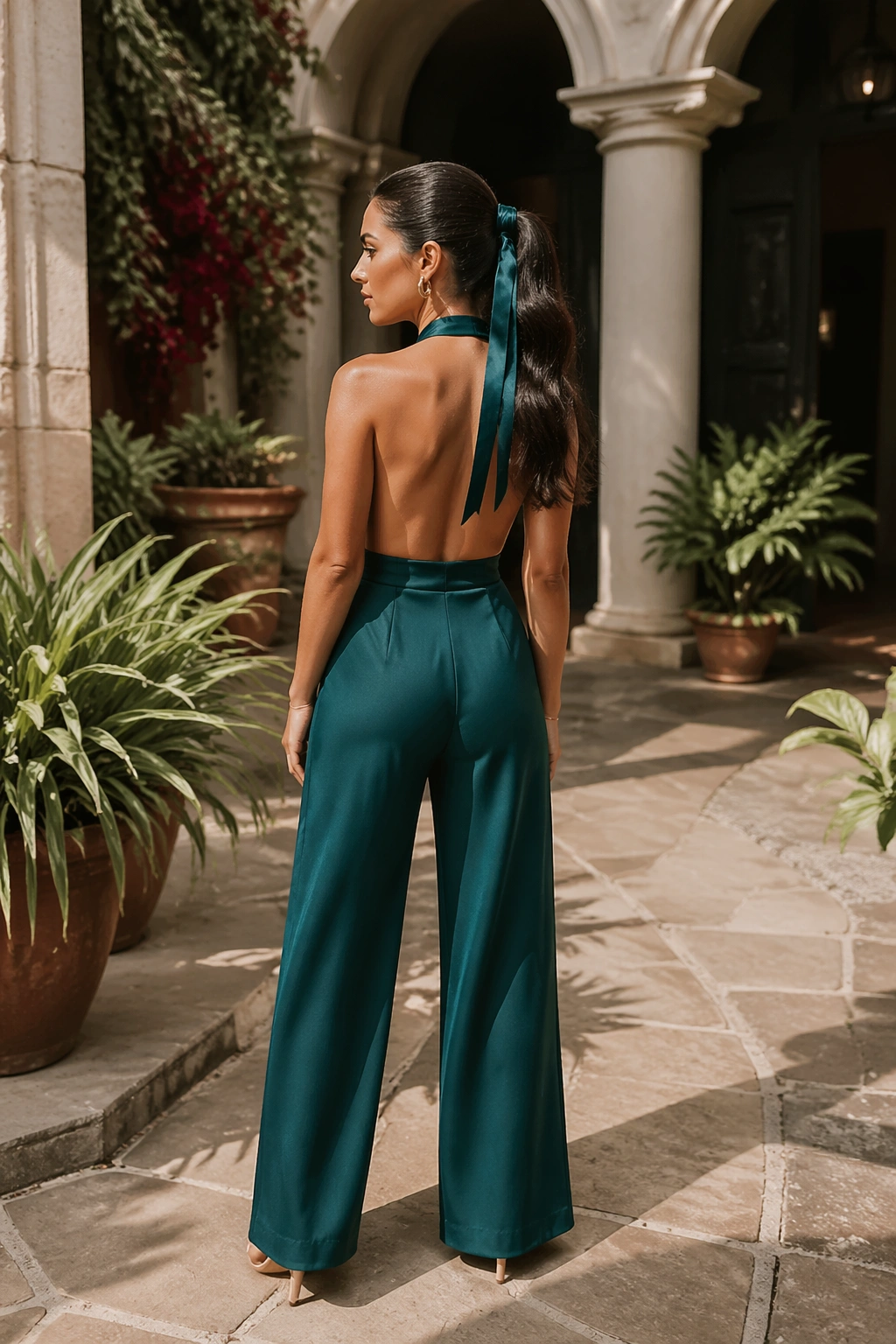 Hero shot jewel tone wrapped ponytail in courtyard