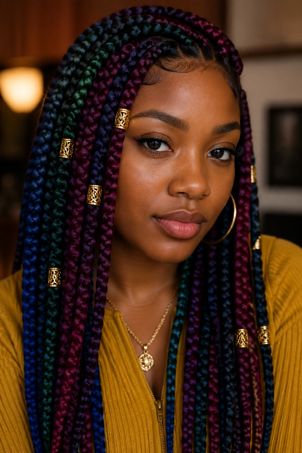Real person with chunky jewel-tone box braids and gold cuffs
