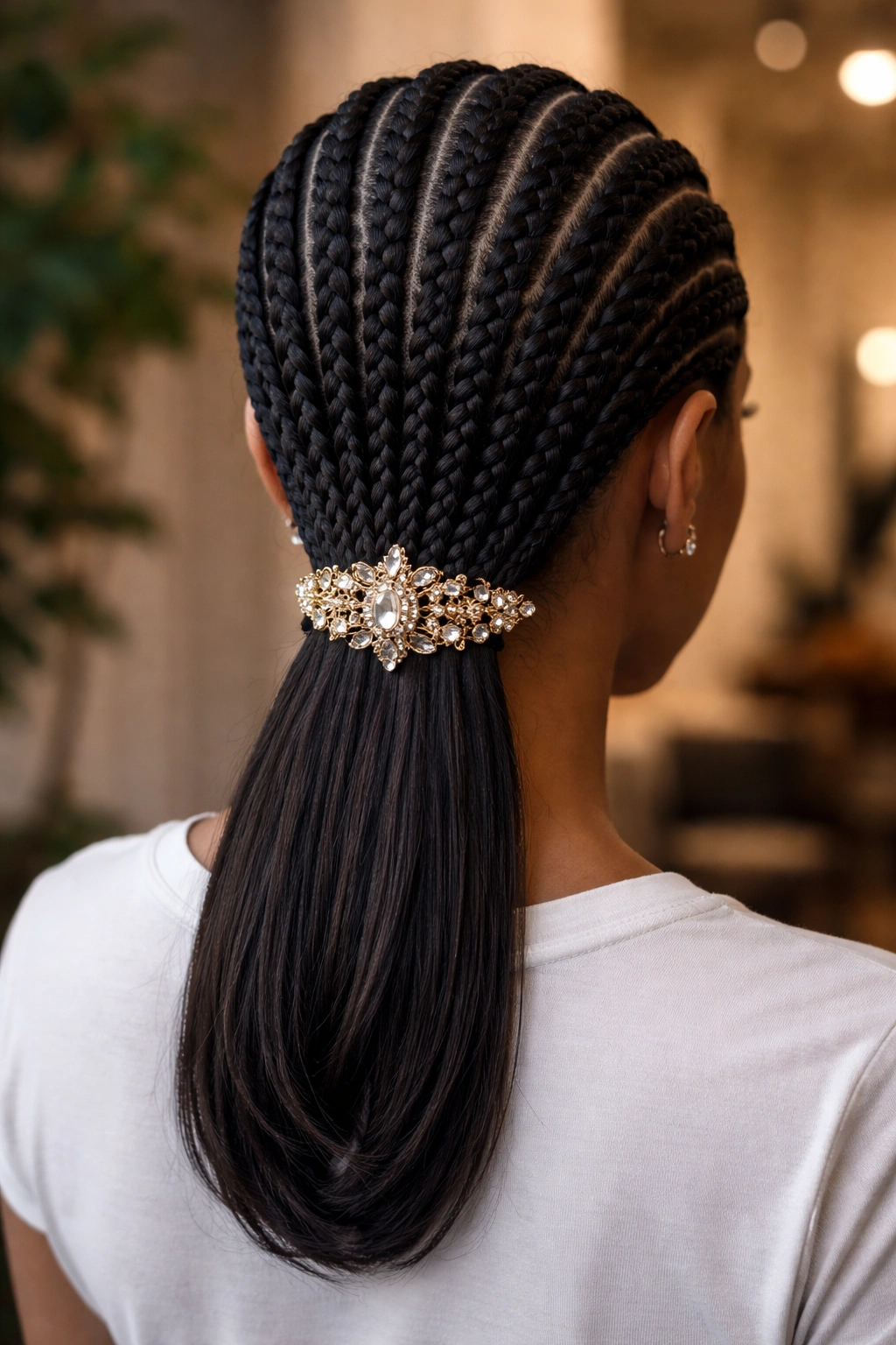 Back view of straight-back cornrows secured with a large jeweled barrette