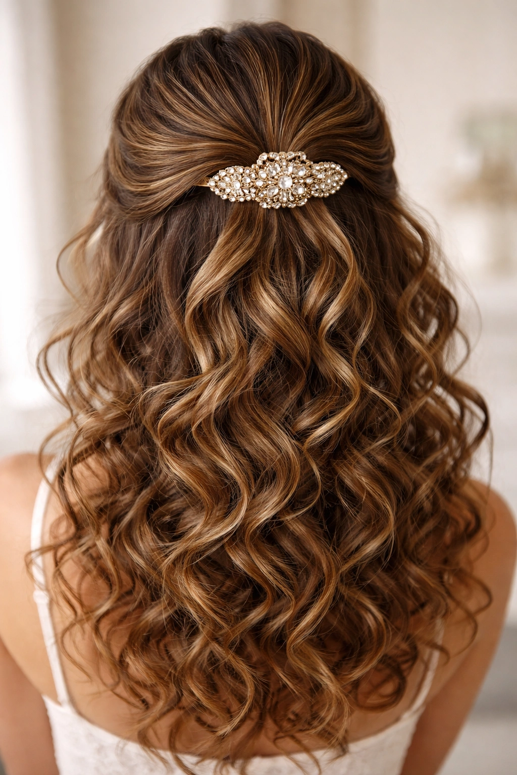Close-up of half-up hairstyle secured with jeweled claw clip