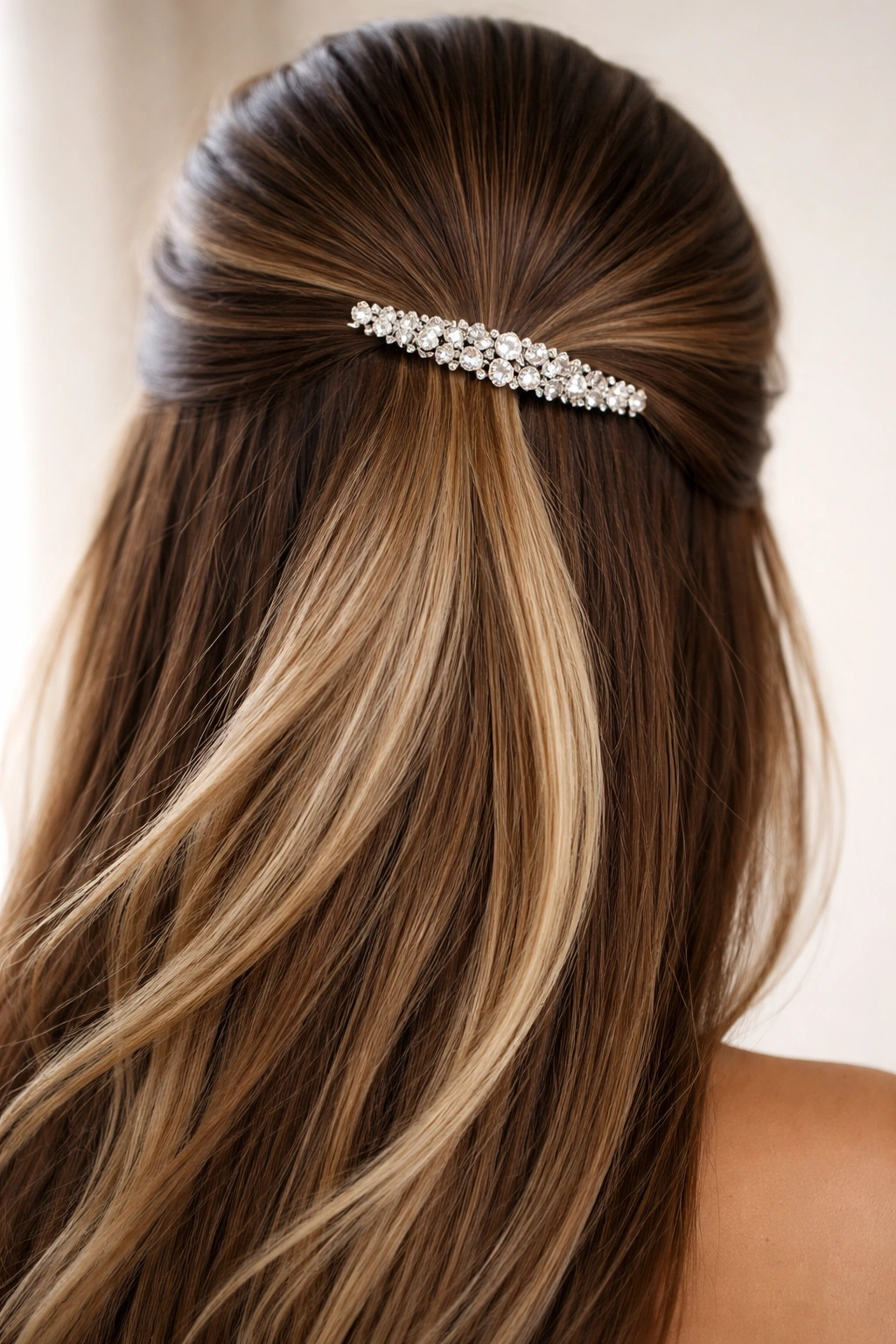 Close-up of half-up hairstyle with a crystal barrette accent