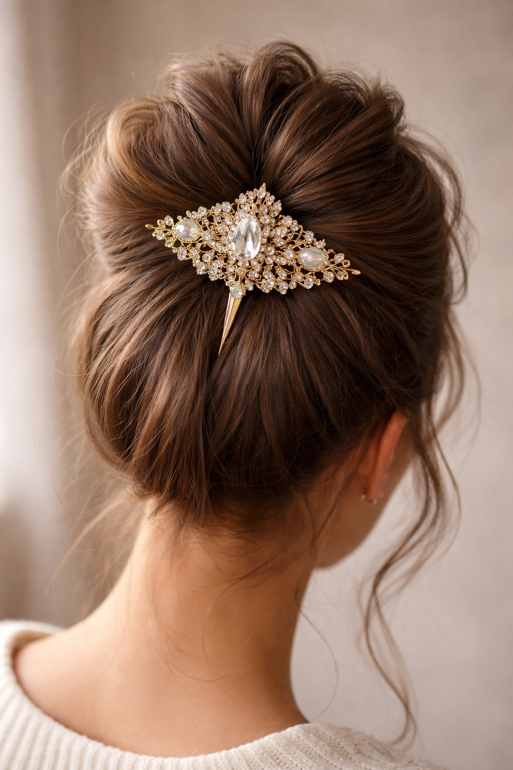 Low bun secured with a large decorative jeweled pin at center