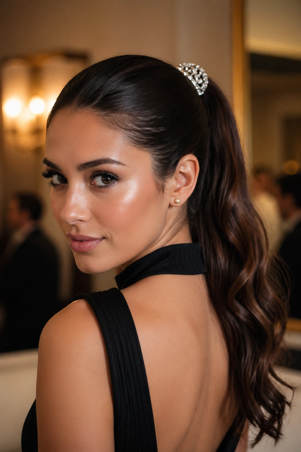 Close-up of a real woman with a large jeweled pin at the base of her ponytail