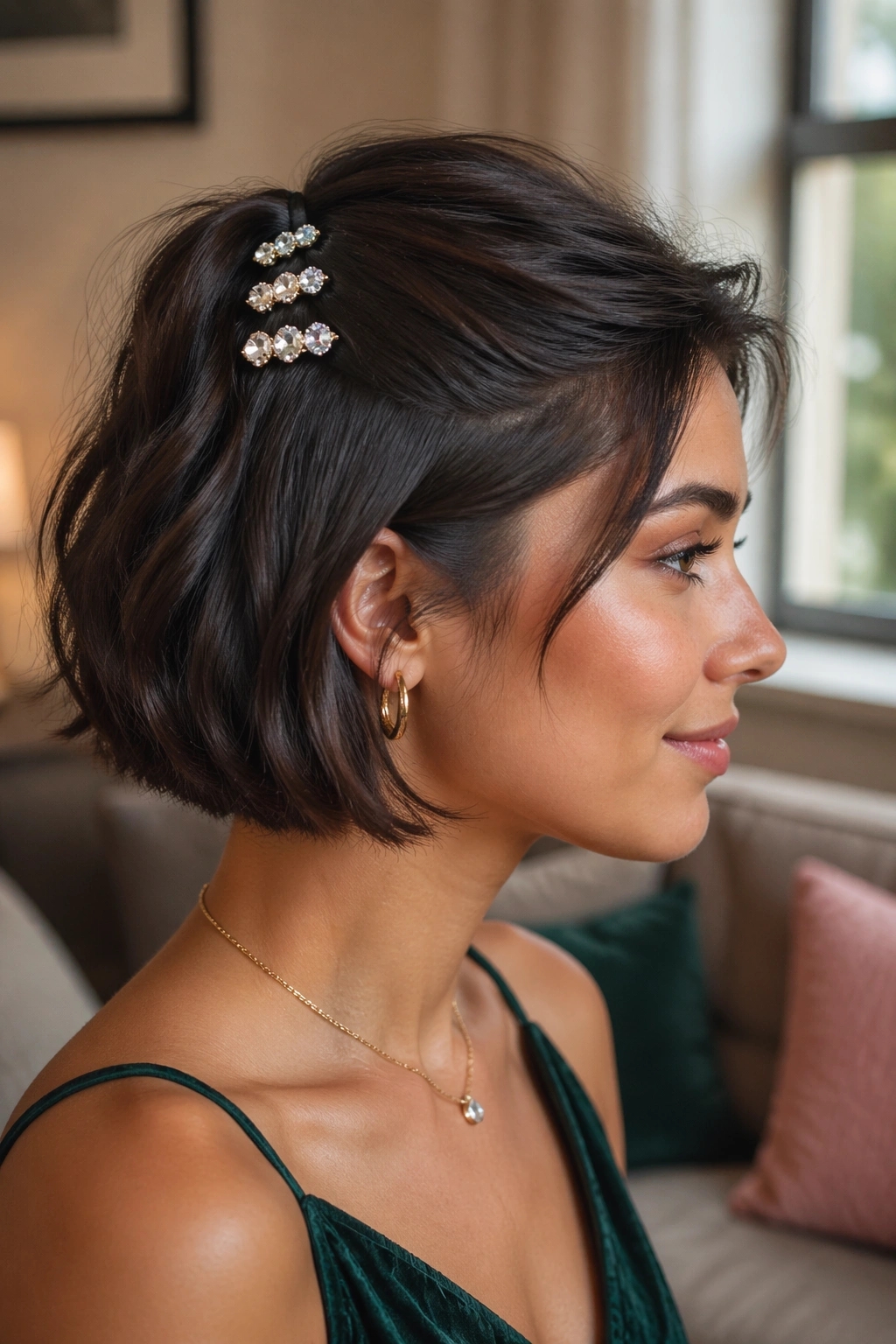 Close-up of a real woman with short hair pinned back with jeweled clips