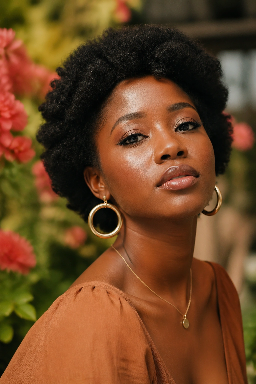 Close-up of a woman wearing bold circular earrings with hair framing the face