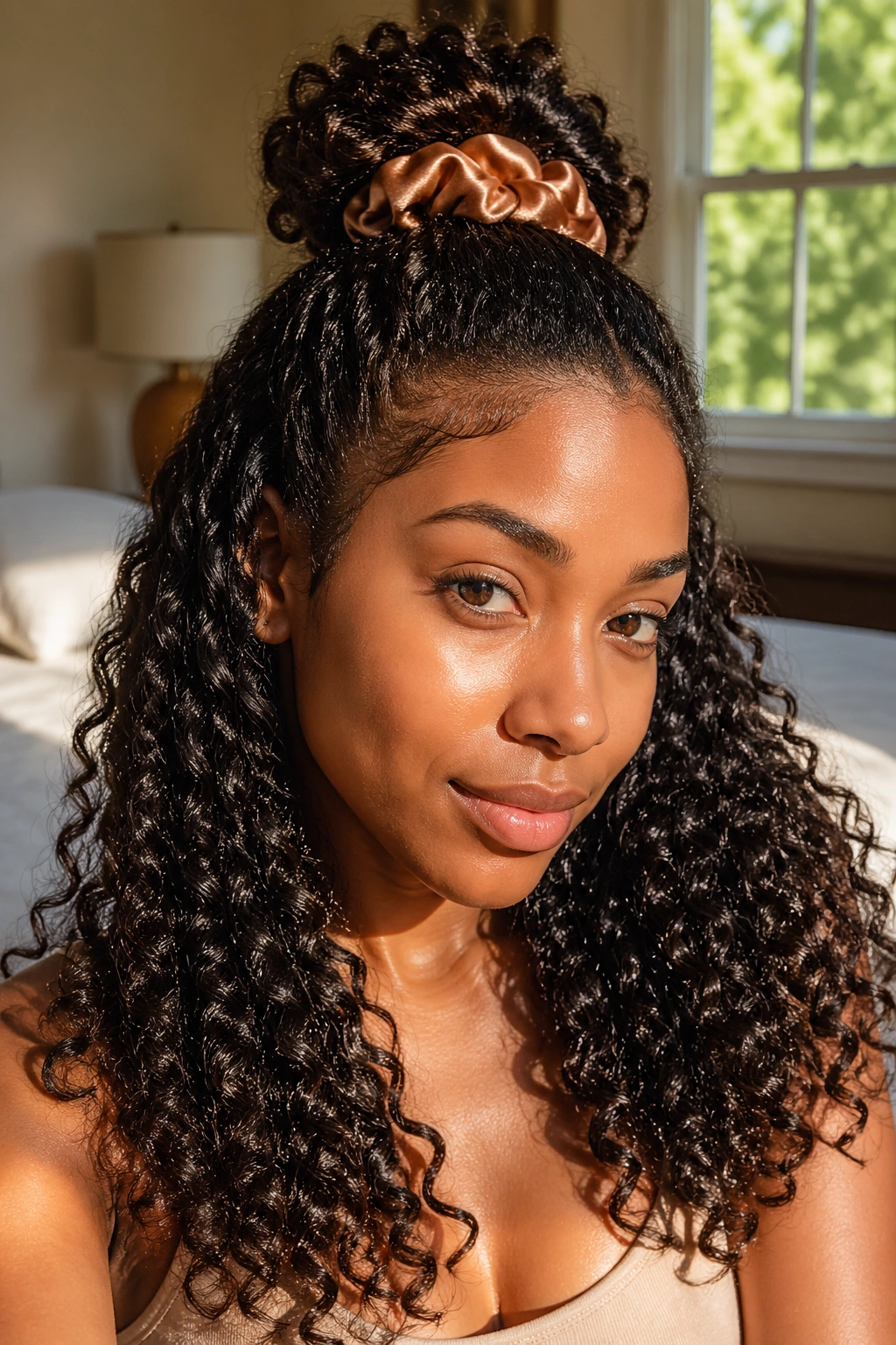 Close-up of a real woman with half-up juicy curls, satin scrunchie and cascading bottom curls