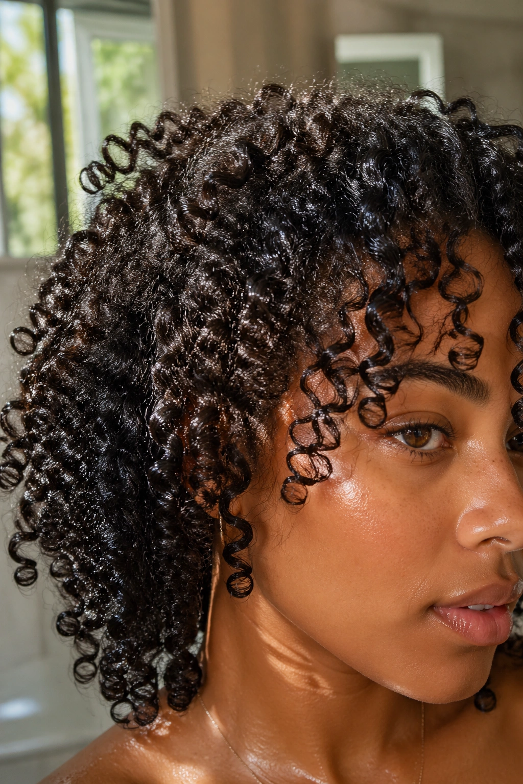 Close-up of a real person with juicy hydrated curls catching light
