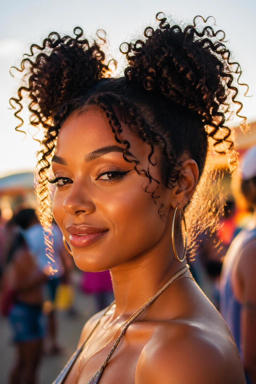 Close-up of a real woman with two juicy curl space buns in golden hour light