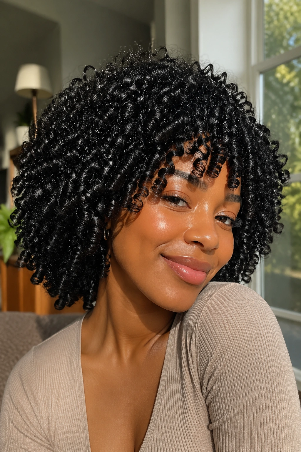Portrait of a person with luminous, hydrated curls