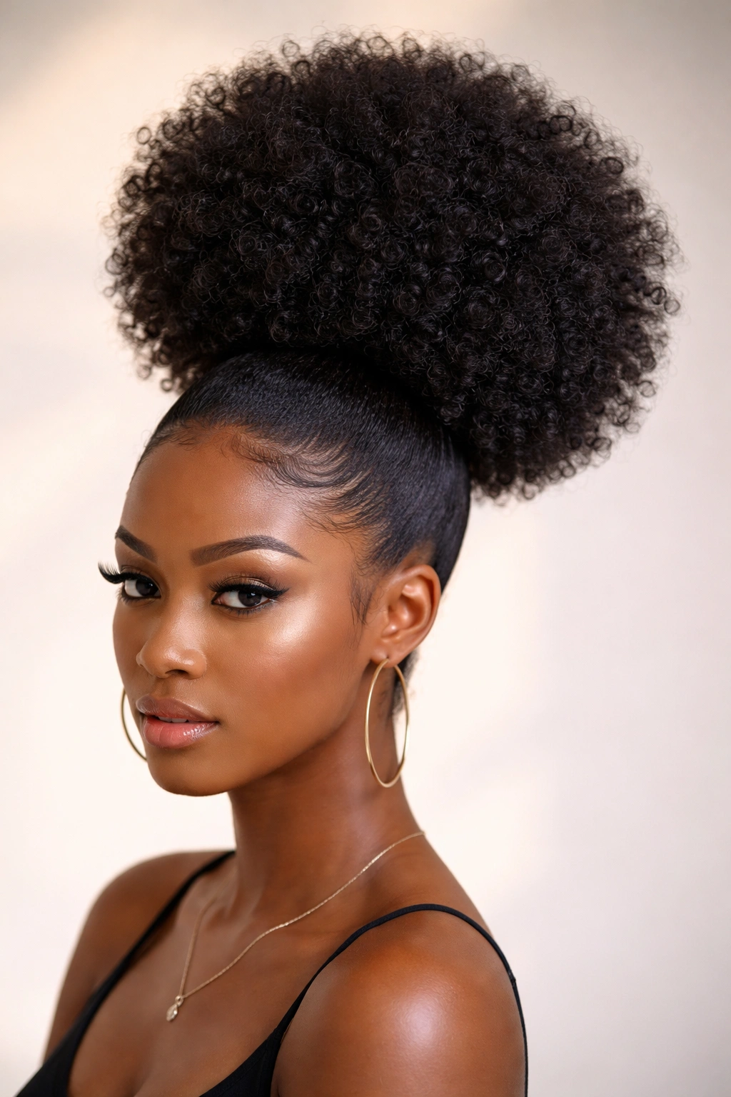 Jumbo afro puff sitting high on the crown with dense curls