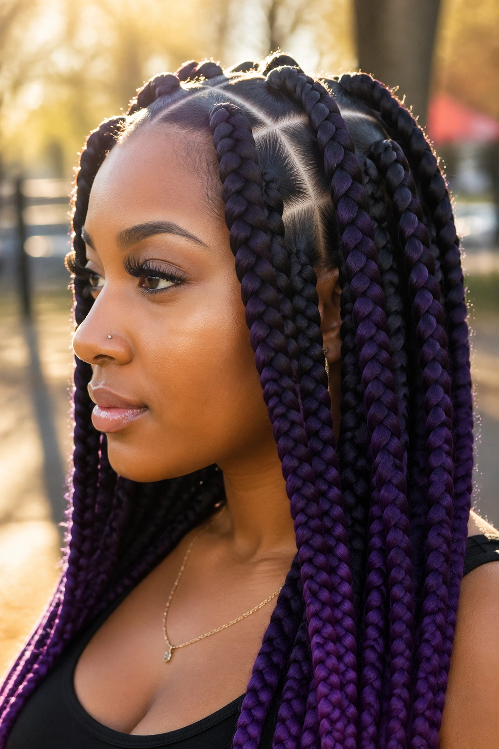 Close-up of jumbo amethyst box braids with crisp parts on a real person in a park