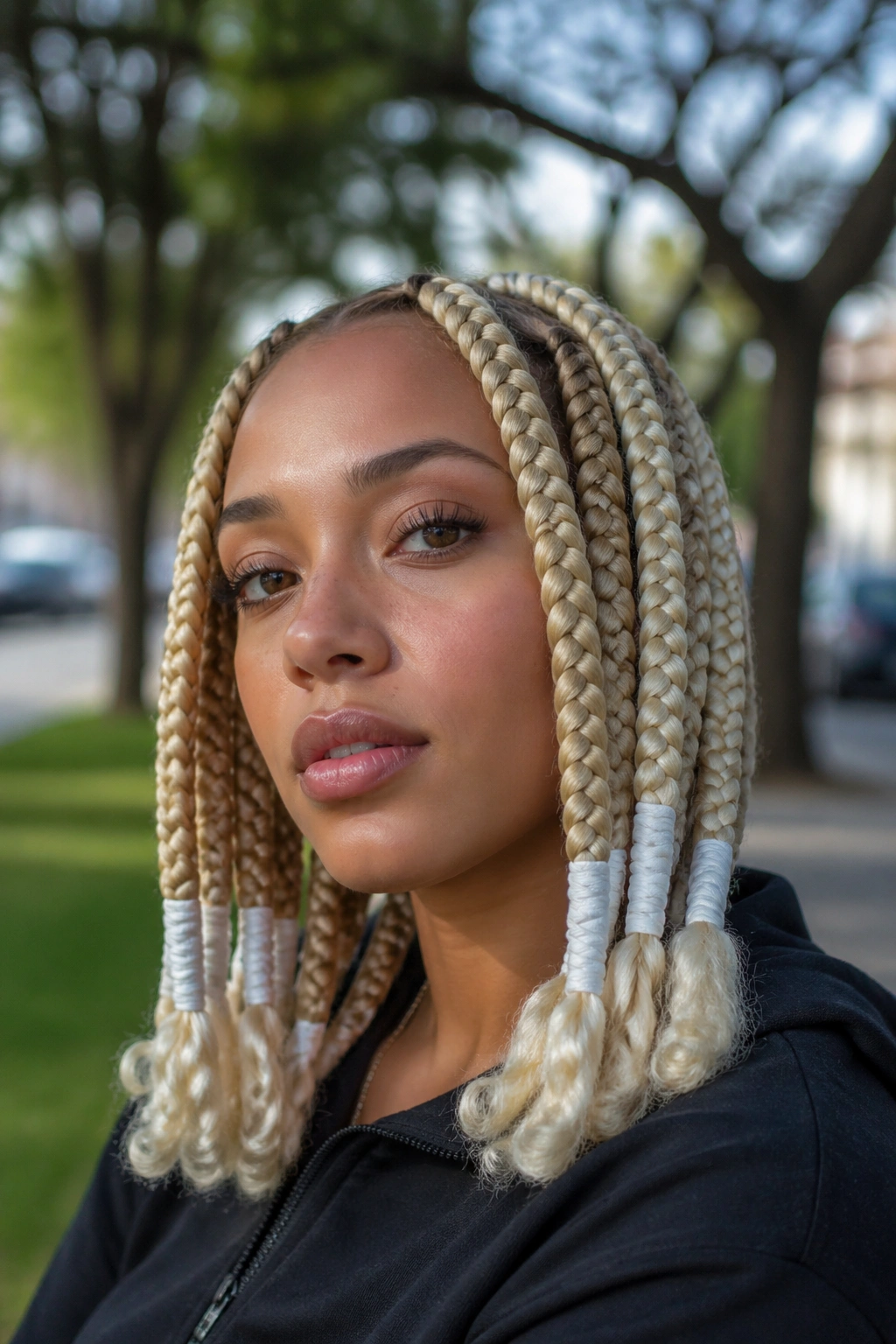 Close-up of a real woman with jumbo blonde box braids and white cuffs