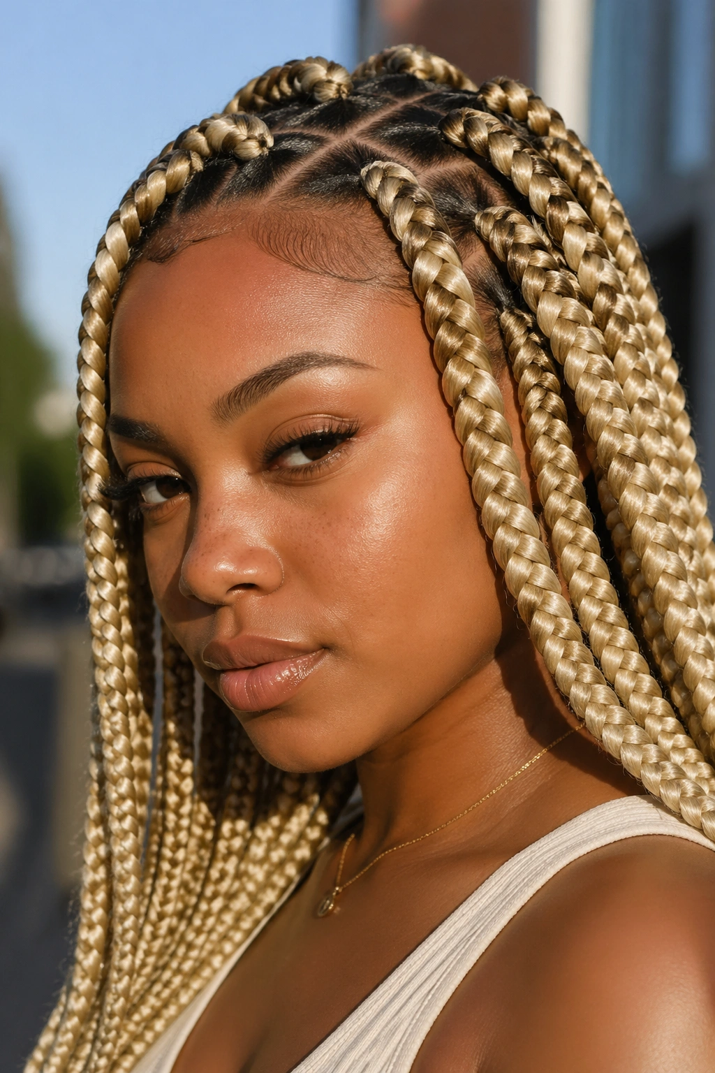 Close-up of a real woman with jumbo blonde box braids and clean parts in bright daylight