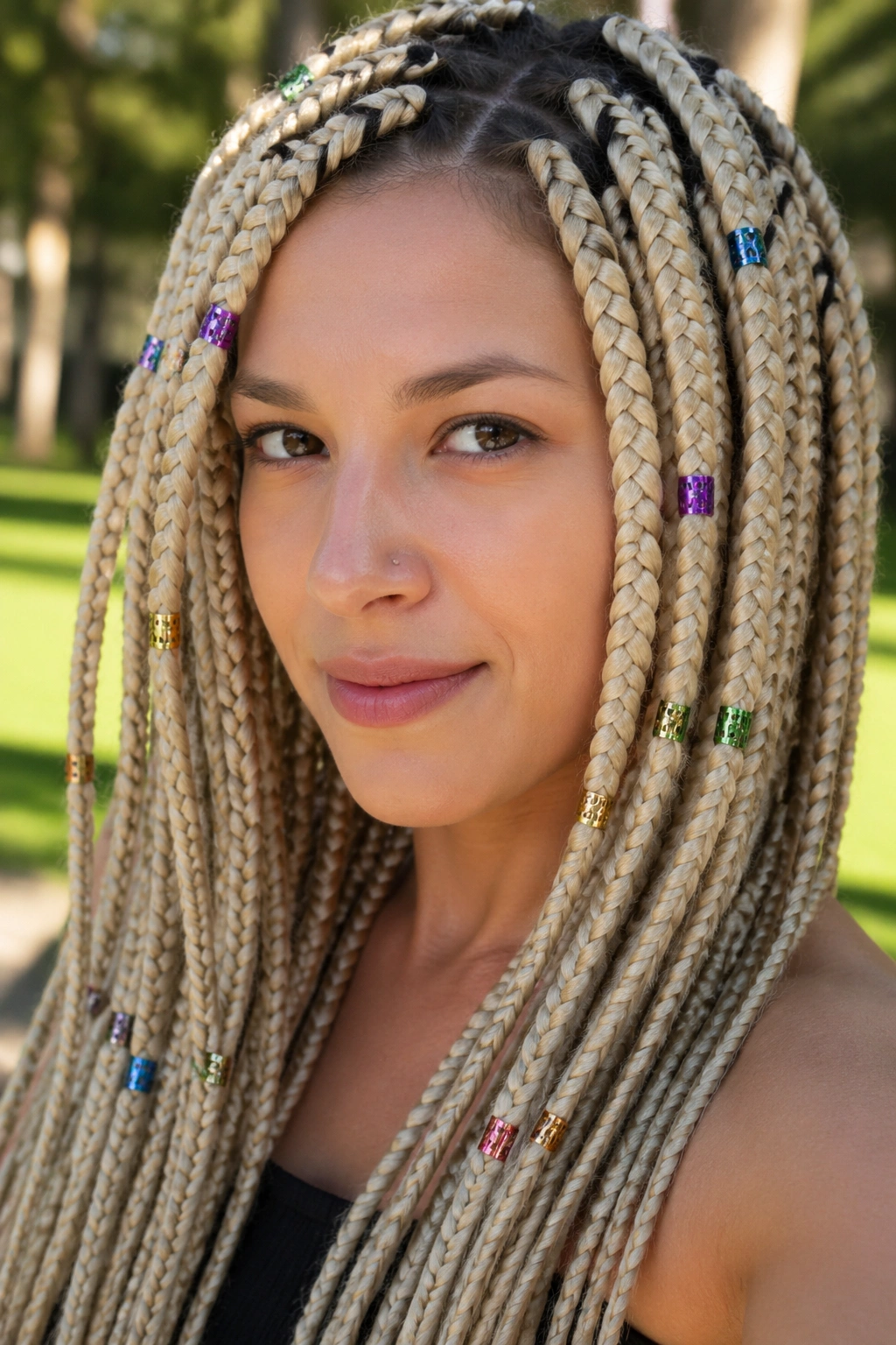Close-up of jumbo blonde box braids with rainbow hair cuffs on real person.