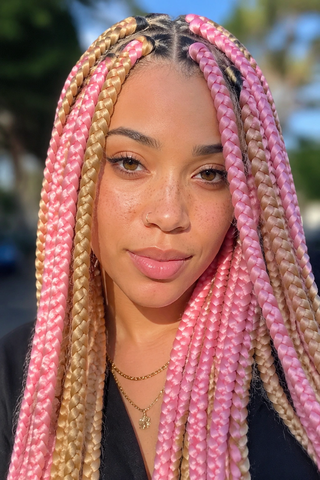 Close-up portrait of a real woman with jumbo color-block braids in blonde and pink