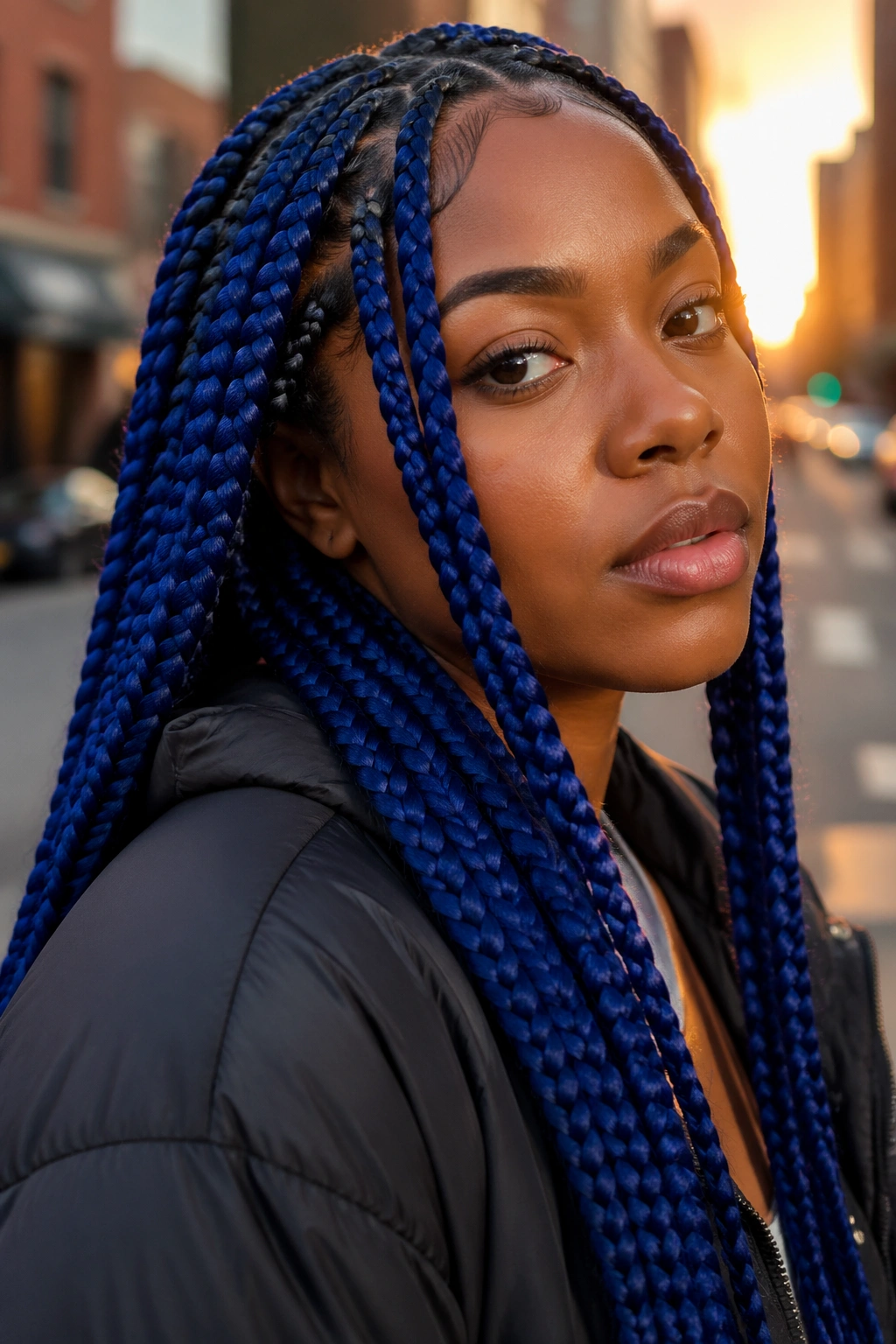 Close-up of jumbo blue box braids on a real person with thick strands.