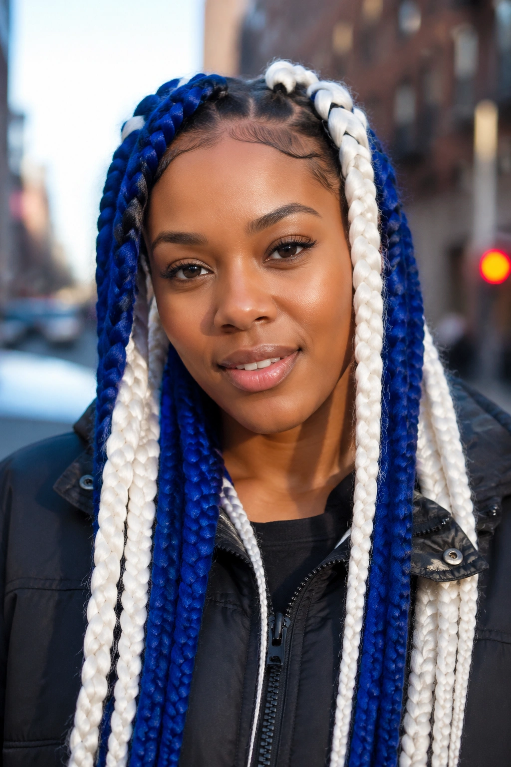 Close-up of a real woman with jumbo blue and white box braids forming bold color blocks