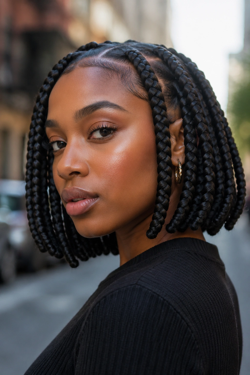 Bold jumbo bob-length box braids on a real person in an urban setting